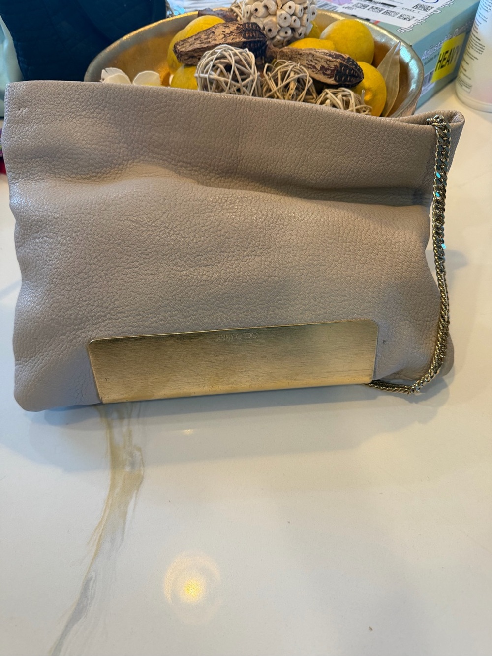 Jimmy Choo Pebbled Leather Clutch in Light Taupe with Gold Plate